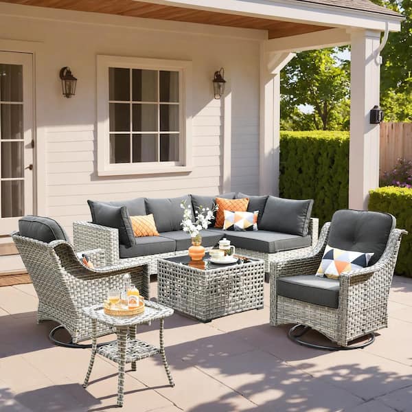 HOOOWOOO Holston 8-Piece Wicker Modern Outdoor Patio Conversation Sofa Seating Set with Swivel Chairs and Black Cushions