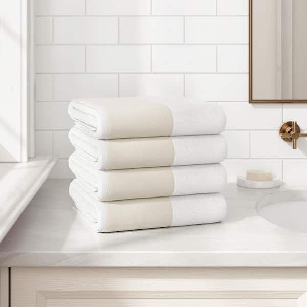 White Ultra-Soft Cotton Linen-Like Border 4 Pack Bath Towel Set