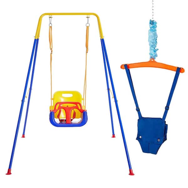 2-in-1 Swing Set and Baby Jumper with Foldable Metal Stand, Heavy Duty Kids Swing and Bouncer for Indoor/Outdoor Play