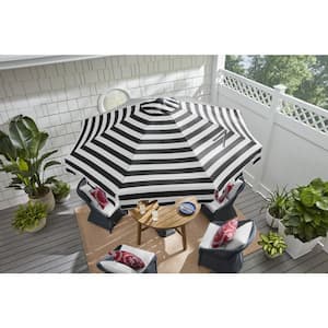 9 ft. Aluminum Market Crank and Auto Tilt Patio Umbrella in Cabana Black and White Stripe with Trim