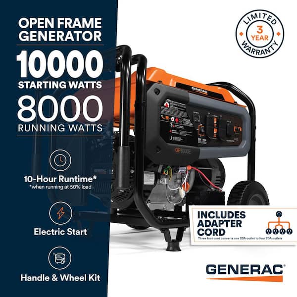 10000 / 8000-Watt Electric Start Gasoline Powered Portable Generator w/ COSense and 3 ft. Adapter Cord Included-GP8000E