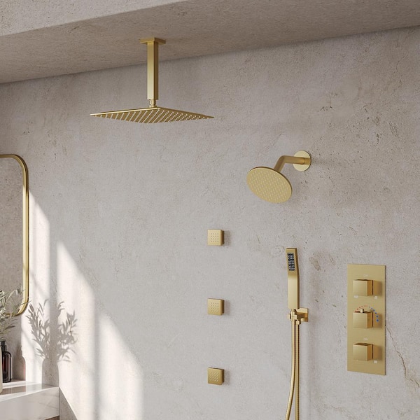 ZenithRain Shower System 8-Spray 12 and 6 in. Dual Wall Mount Fixed and Handheld Shower Head 2.5 GPM in Brushed Gold