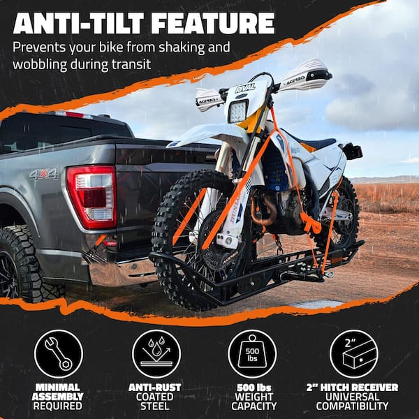 510 lbs. Capacity Dirt Bike Hitch Hauler - Ramp Free, Tilting Design for Easy 1-Person Loading - Gas Can Attachment