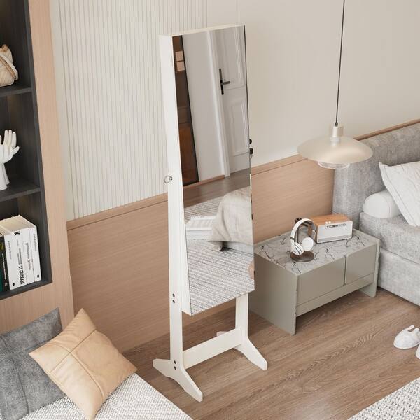 White 16.1 in. W x 63.5 in. H Wood Full-Length Mirror Jewelry Cabinet with Lockable Storage for Dressing Areas