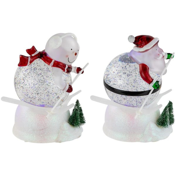 LED Lighted Color Changing Skiing Santa and Snowman Acrylic Christmas Snow Globes-7.25"-Set of 2