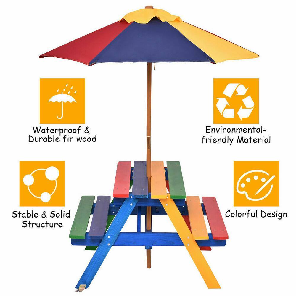 Rainbow Wood Kids Picnic Table with Umbrella, 4 Seats