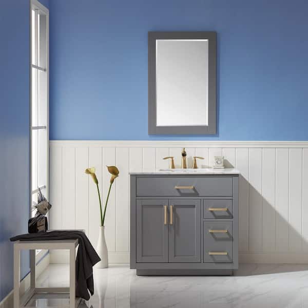 Ivy 36 in. Single Bathroom Vanity Set in Gray and Carrara White Marble Countertop with Mirror