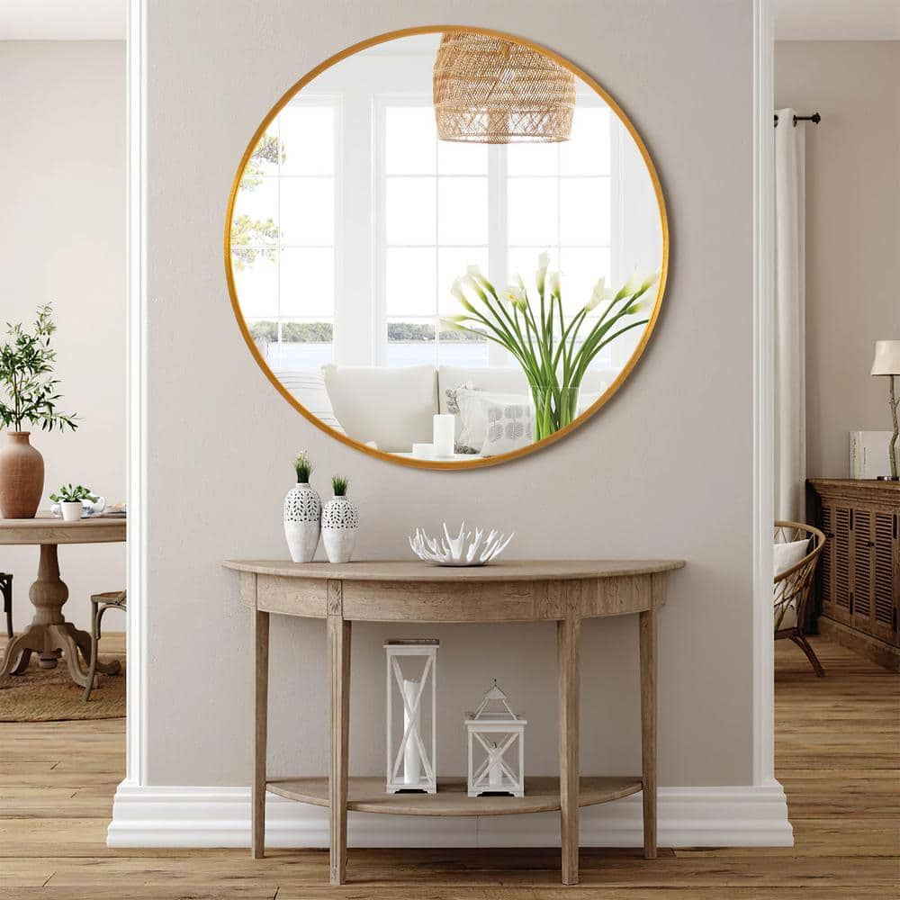 NEUTYPE 36 In. X 36 In. Modern Round Metal Framed Gold Wall Mirror EV ...