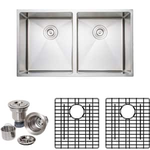 The Chefs Series Undermount Stainless Steel 33 in. Handmade 50/50 Double Bowl Kitchen Sink Package