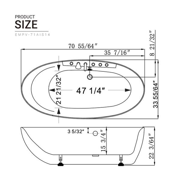 Empava 71 in. Center Drain Acrylic Freestanding Flatbottom Whirlpool Bathtub in White with Faucet - Water Jets