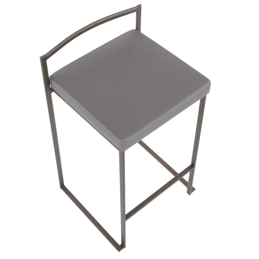 Antique Metal and Grey Faux Leather Stackable Counter Stools, Set of 2