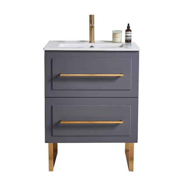 VAPSINT 24 in. W x 15 in. D x 32 in. H Single Bathroom Vanity in Gray with White Ceramic Sink and 2-Drawers