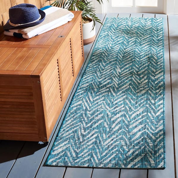 Courtyard Blue/Gray 2 ft. x 5 ft. Distressed Chevron Indoor/Outdoor Runner Rug