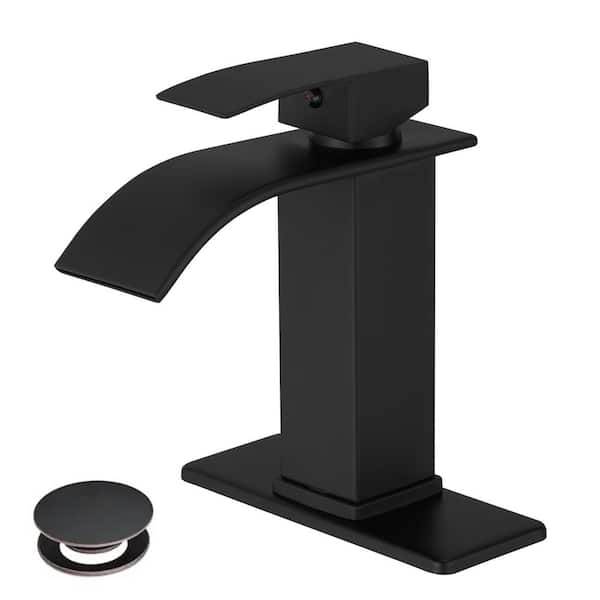 Single-Handle Waterfall Spout Single-Hole Bathroom Sink Faucet with Pop-Up Drain Assembly, Deckplate Included in Black