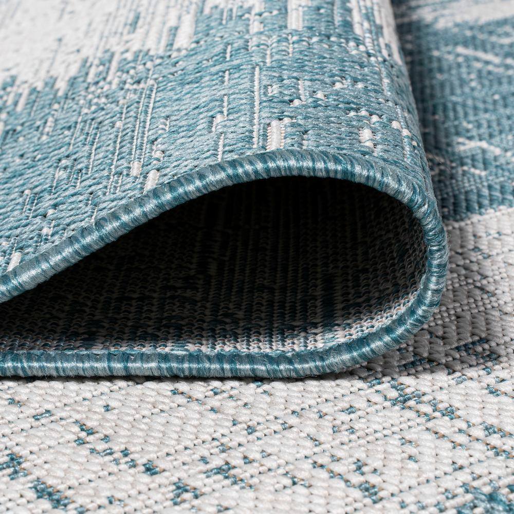 Aqua and Ivory Geometric Synthetic 3' x 5' Indoor/Outdoor Area Rug