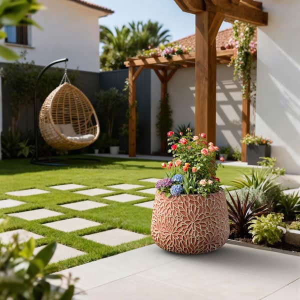 18 in. Dia Round Concrete Planter Bowl with Teal Floral Patterns Large Plant Pot with Drainage Holes for Outdoor Indoor