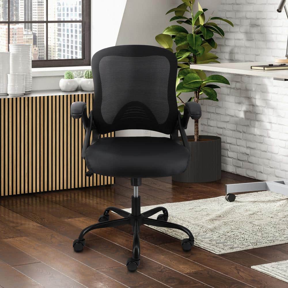 Mid Back Mesh and Fabric Adjustable Height Office Chair in Black with Arms