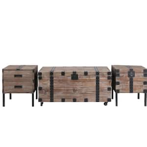 3-Piece Antique Reclaimed Wood Living Room Trunk Table Set with Large Storage Coffee Table and Dress Up Side Tables