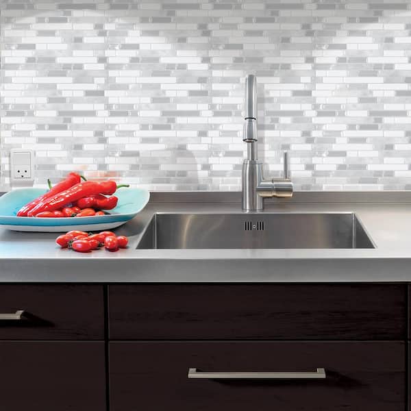 smart tiles Bellagio Blanco 10.06 in. W x 10 in. H Peel and Stick Decorative Mosaic Wall Tile Backsplash in White and Grey