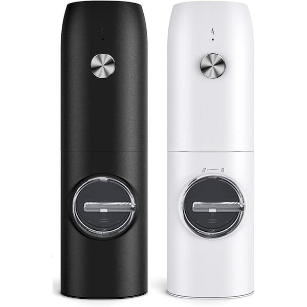 Automatic Salt and Pepper Grinder Set Black White Adjustable Coarseness LED Light One Hand Kitchen Shaker 2 Pack