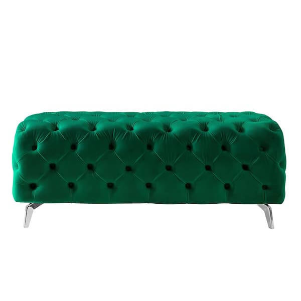 URTR Green Button-Tufted Ottoman Bench, Velvet Footrest Stool Modern Accent Bench for Entryway, Living Room, Bedroom, Office