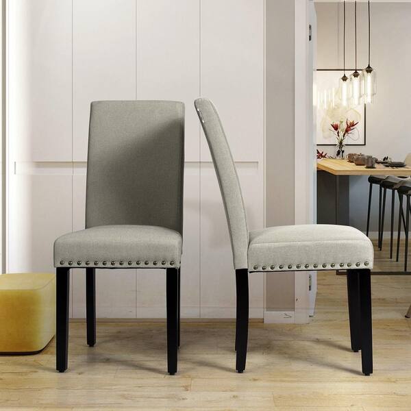 Costway Celadon Fabric Dining Chairs, Grey Dining Chairs Mahogany Legs