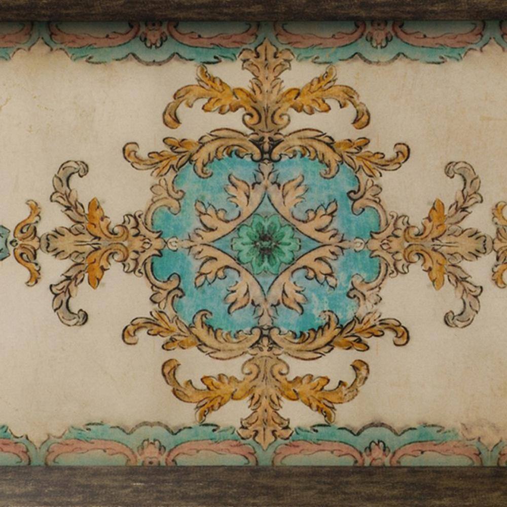 25 Inch Distressed Brown Wood Trays with Damask Pattern, Set of 2
