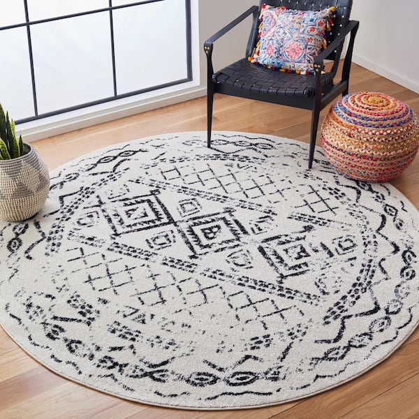 Tulum 3 ft. x 3 ft. Round Ivory/Black Border Tribal Distressed Area Rug