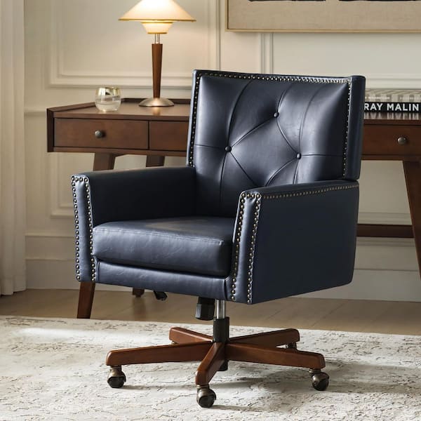 Michelle Faux Leather Transitional Swivel Office Chair in Navy with Solid Wood Legs