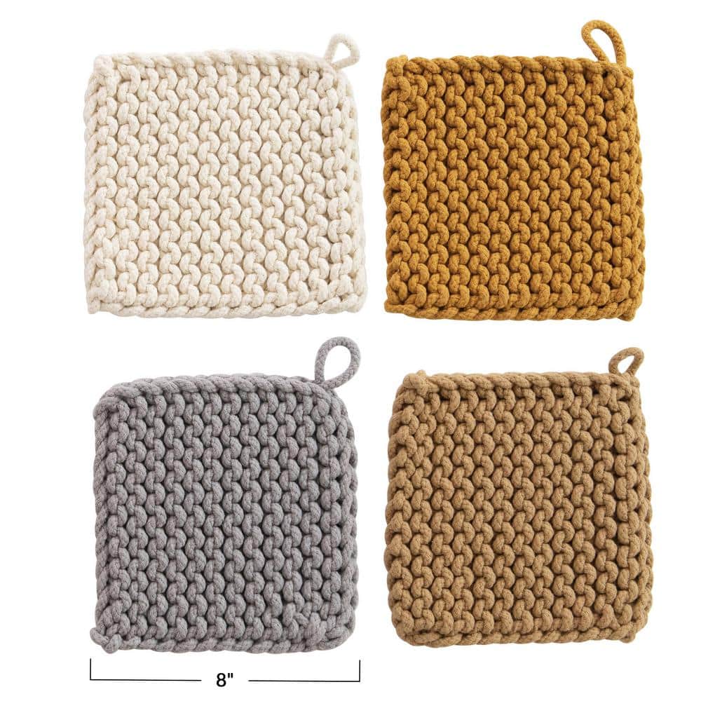 Handmade Cotton Crocheted Square Potholder Set, Multicolor