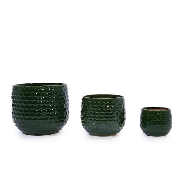 Dark Green Set of 3 Mixed Size Outdoor Ceramic Plant Pots Stylish Ceramic Planters for Indoor Outdoor Use