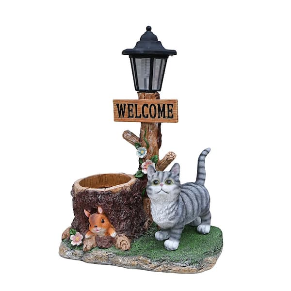 Cat Solar Planter Statue for Outdoor Decor, Resin Garden Figure with LED Light for Patio Balcony