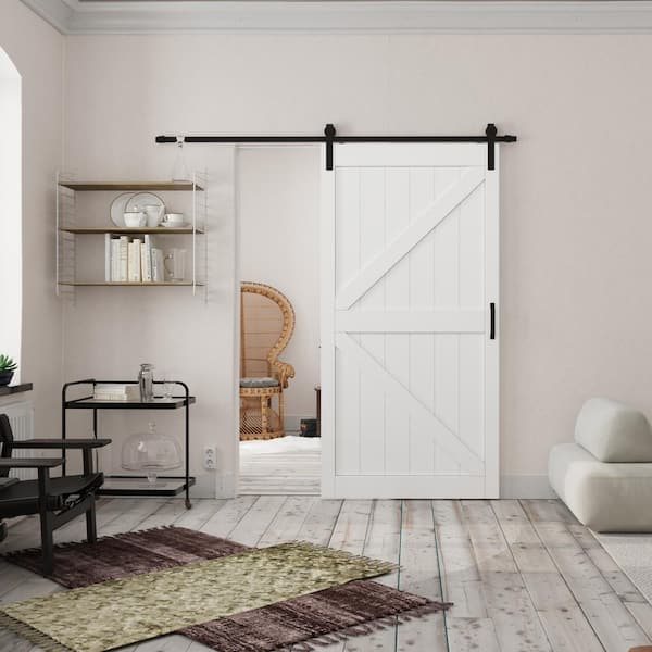 TENONER 42 in. x 84 in. K-Frame, White, Finished, MDF Barn Door Slab with Barn Door Hardware