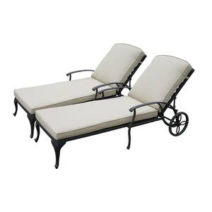 78.75 in. L Aluminum Chaise Lounge Outdoor Chair with Wheels Adjustable Reclining and Beige Cushions (2-Pack)