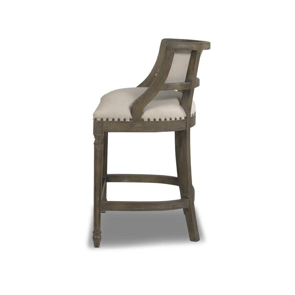 Elegant Light Beige Leather-Wrapped Bar Stool with Brass Accents