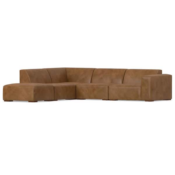 Rex 116 inch Straight Arm Genuine Leather L-shaped Left Corner Sectional Modular Sofa with Ottoman in. Caramel Brown