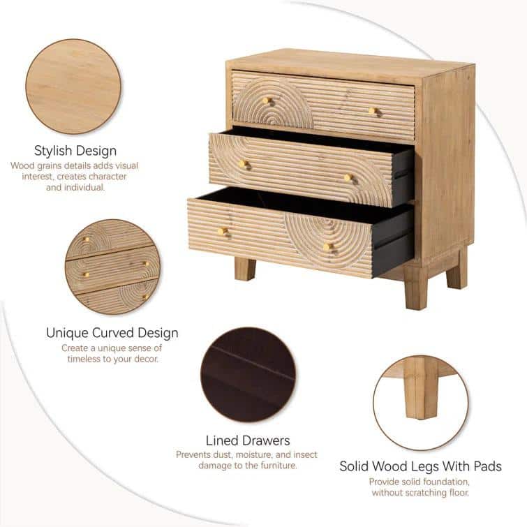 Natural Wood 3-Drawer Farmhouse Dresser with Handicraft Motif