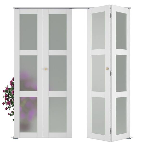 72 in. x 78.75 in. 3-Lite Frosted Glass Solid Core White Finished MDF Composite Bi-Fold Door with Hardware
