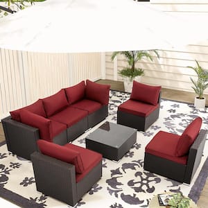 7-Piece PE Rattan Wicker Outdoor Patio Conversation Sectional Sofa Set 6-Person Seating Group with Red Cushions