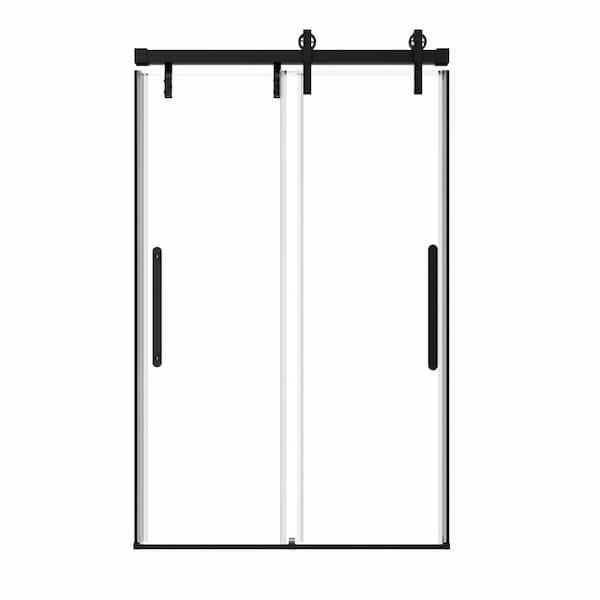 VANITYFUS 48 in. W x 76 in. H Double Sliding Frameless Shower Door in Matte Black with Smooth Sliding and 3/8 in. (10 mm) Glass