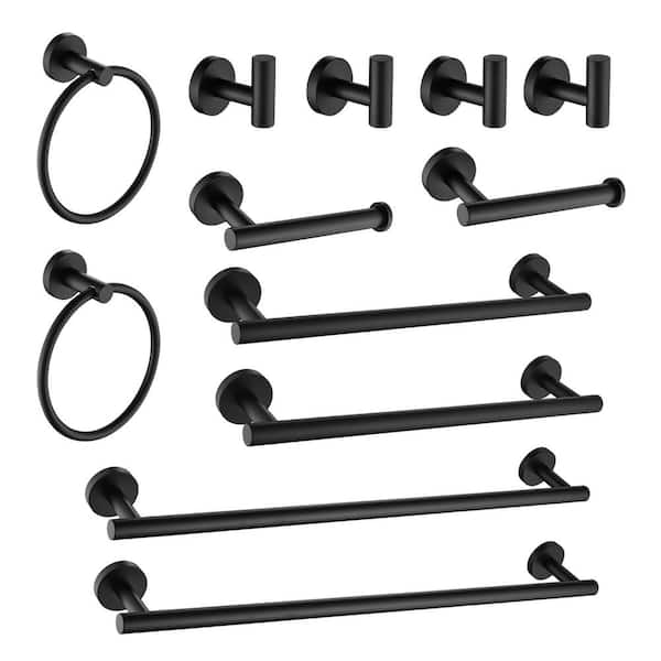 Interbath 12-Piece Bath Hardware Set with Towel Ring Toilet Paper Holder Towel Hook and Towel Bar in Stainless Steel Matte Black