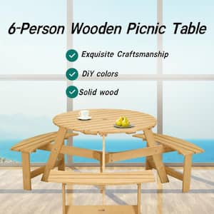 63 in. W x 63 in. D x 27.5 in. H 6-Person Wooden Outdoor Picnic Tables Kit 3 Built-in Benches, with Umbrella Hole