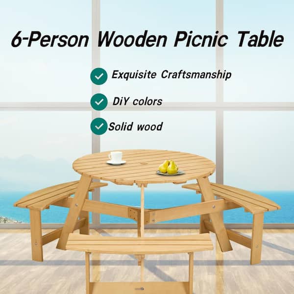 63 in. W x 63 in. D x 27.5 in. H 6-Person Wooden Outdoor Picnic Tables Kit 3 Built-in Benches, with Umbrella Hole