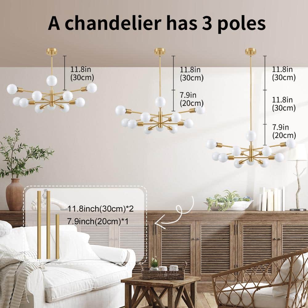 Gold 12-Light Sputnik Chandelier with Adjustable Rod