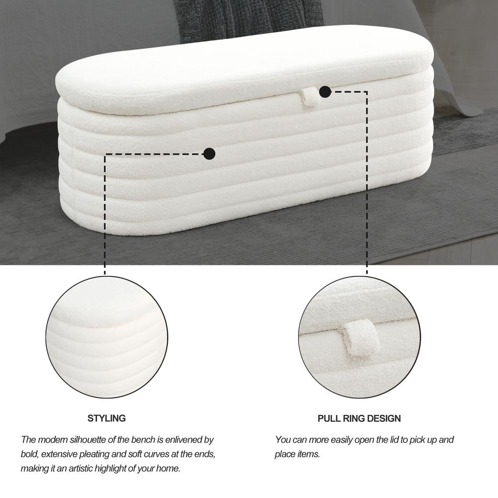 Cream White Upholstered Oval Storage Ottoman Bench