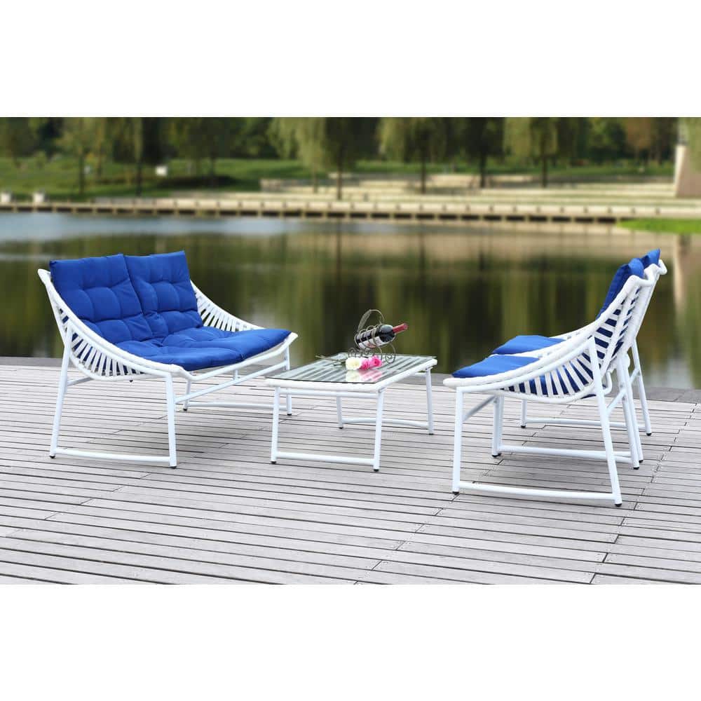Berkane 4-Piece White and Navy Rattan Outdoor Set