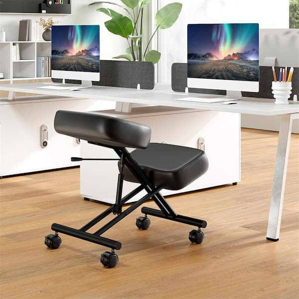 Faux Leather Adjustable Height Ergonomic Kneeling Chair in Black with Angled Seat to Relieve Pain