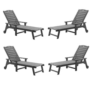 Oversized Plastic Outdoor Chaise Lounge Chair with Wheels and Adjustable Backrest for Poolside Patio(set of 4)Dark Gray