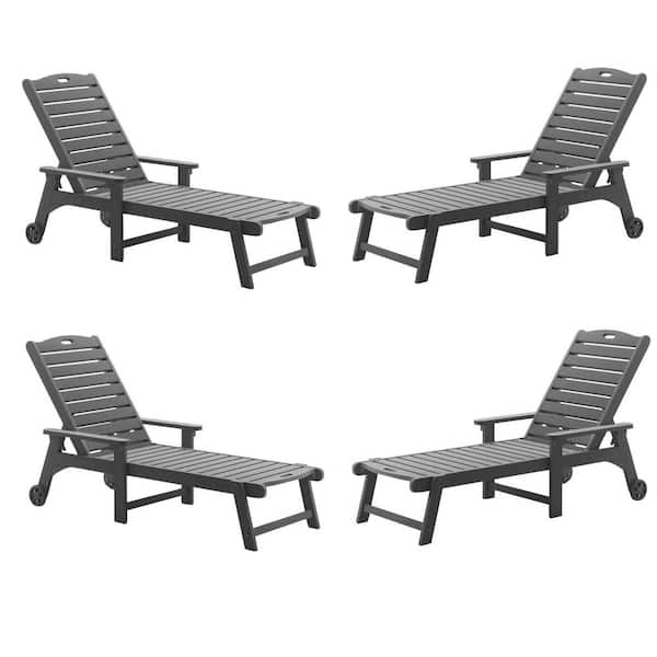 LUE BONA Helen Dark Gray Recycled Plastic Ply Outdoor Reclining Chaise Lounge Chairs with Wheels for Poolside Patio (Set of 4)