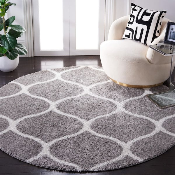 Tahoe Shag 7 ft. x 7 ft. Gray/White Trellis Modern Round Area Rug